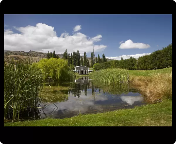 The Shed and pond, Northburn Vineyard, Central Otago, South Island, New Zealand