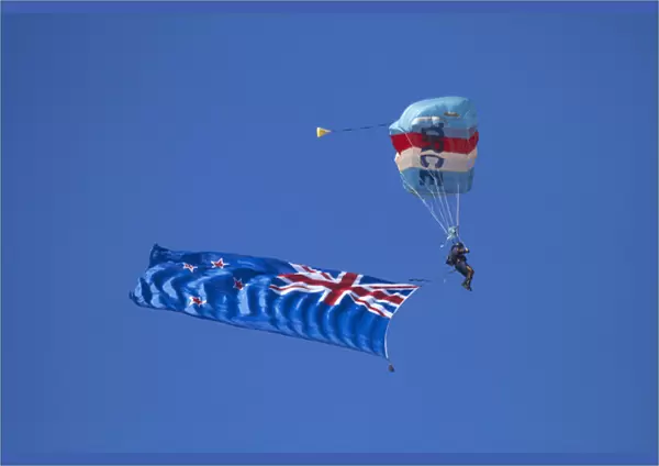 RNZAF Sky Diver and New Zealand flag, Warbirds over Wanaka, Wanaka, South Island