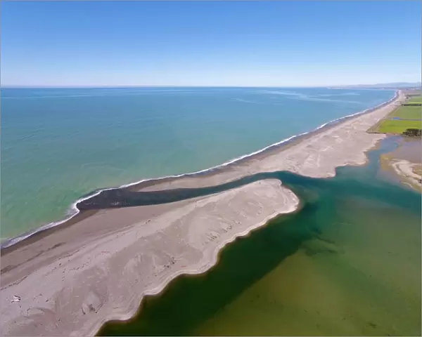 Opihi River Mouth, near Temuka, South Canterbury, South Island, New Zealand - drone