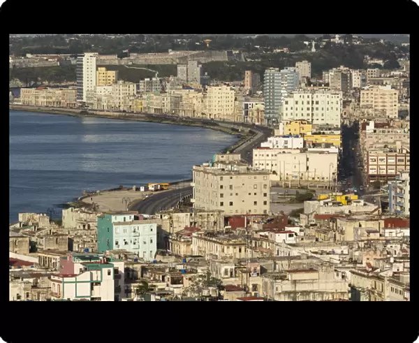 Cuba, Havana. An elevated view of the city skyline showing the bay and Malecon