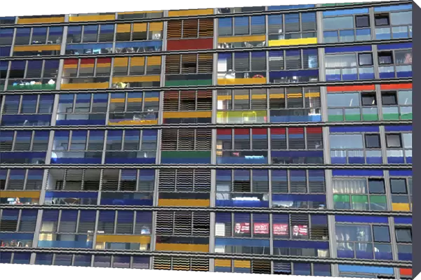 Europe, France, Lille. Colorful windows of the apartments adjacent to Lille Station