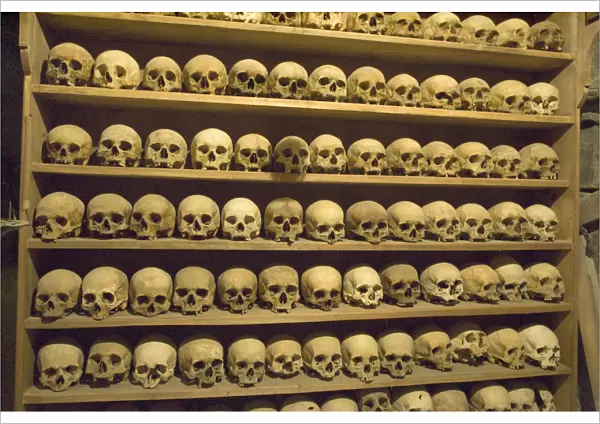 Europe, Greece, Meteora. Skulls of monastics on shelves in Grand Meteora Monastery
