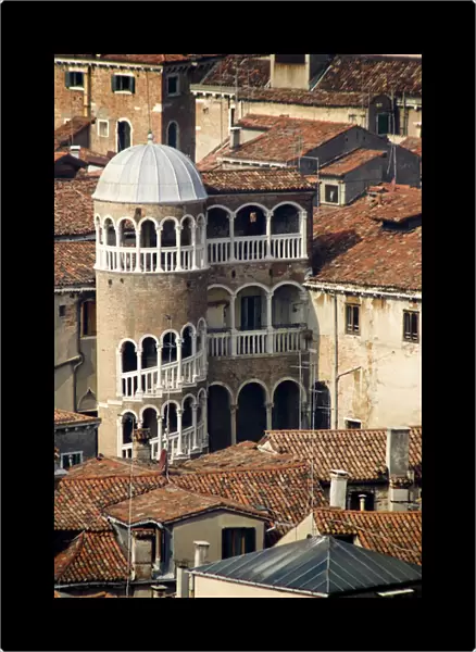 Europe, Italy, Venice. Building with spiral staircase in a tower