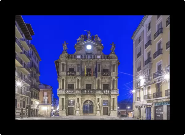 Spain, Pamplona, City Hall at Dawn