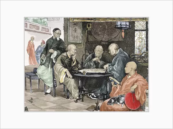 China. Men playing draughts in a tavern. Nineteenth-century colored engraving