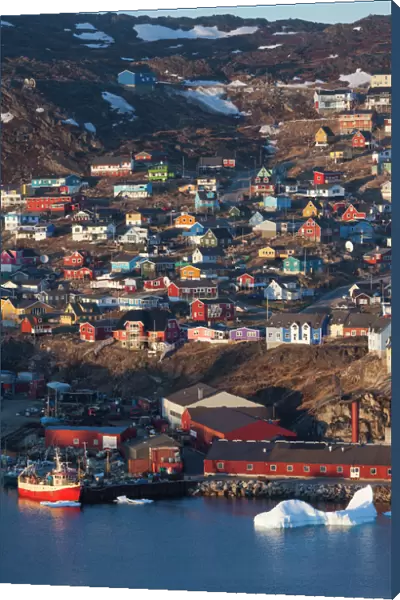 Greenland, Qaqortoq, elevated view of town and harbor