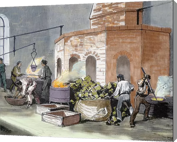 The Mint House. Workers in the smelting of gold pastes. Colored engraving from 1872