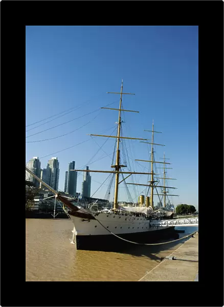 Argentina. Buenos Aires. Puerto Madero. Frigate Presidente Sarmiento along the waterfront
