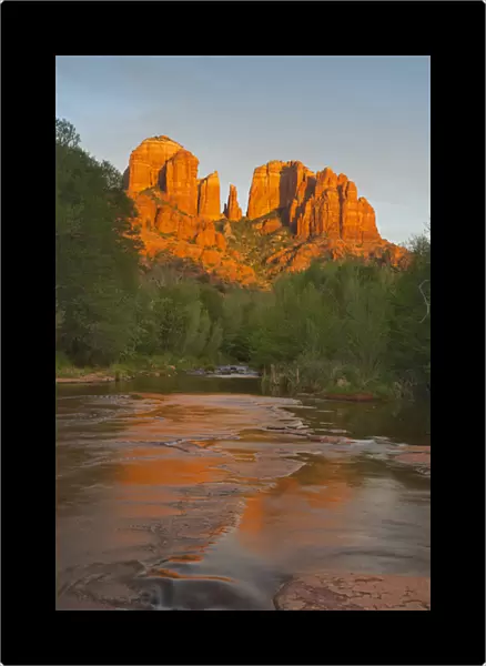 Cathedral Rocks reflect into Oak Creek from Red Rock Crossing in Sedona, Arizona, USA