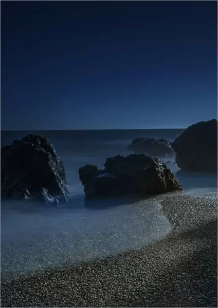 Long exposure of sunlight on beach and rocks on northern California coastline