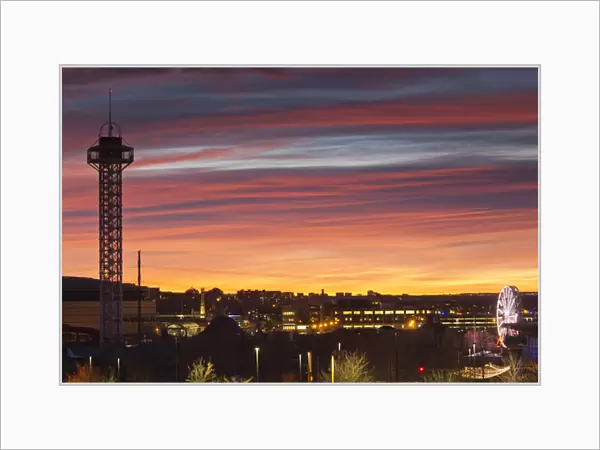USA, Colorado, Denver, city view from the west with Elitch Gardens theme park tower, dawn