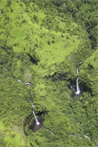 USA, Hawaii, Kauai. Aerial of forested mountains of and waterfalls
