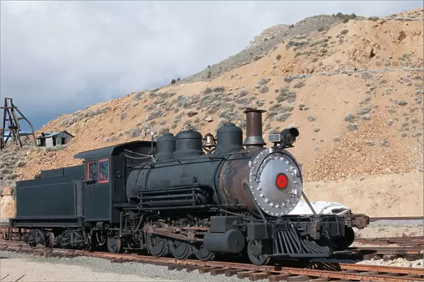 USA, Nevada. Old steam train engine in historic Gold Hill train station, our side Virginia CIty