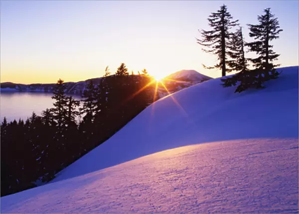 USA, Oregon, Crater Lake. Sunset on winter scenic