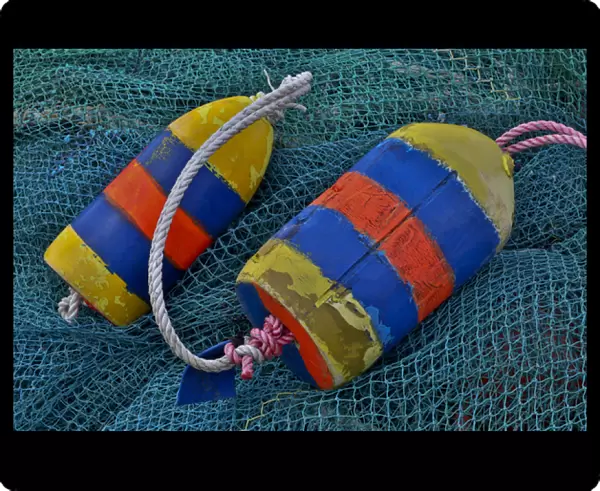 USA, Oregon, Garibaldi. Blue fishing nets with buoys
