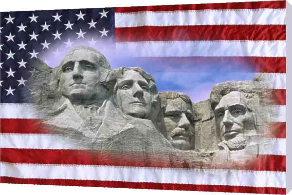 USA, South Dakota. Digital composite of American flag and Mt. Rushmore National Monument