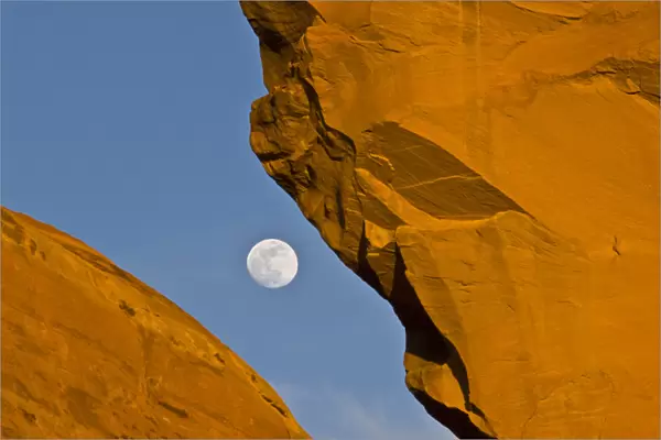 North America, USA, Utah. Looking through Skyline arch at full moon, Arches National Park