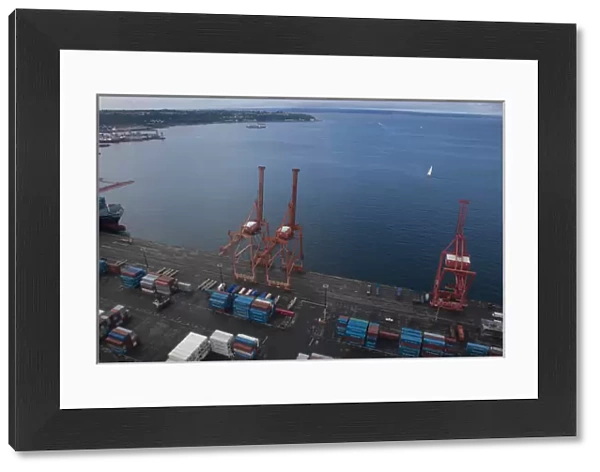 North America, United States, Washington, Seattle, Port of Seattle, aerial view of cranes