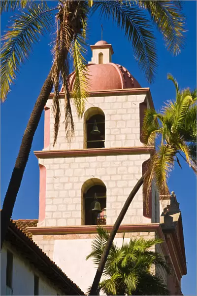 Bell tower and palms at the Santa Barbara Mission (Queen of the missions), Santa Barbara