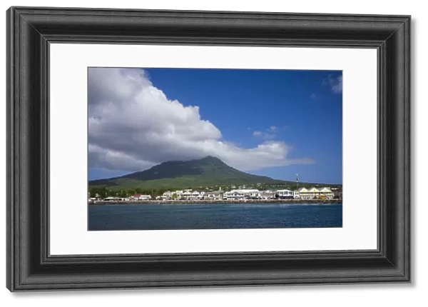 St. Kitts and Nevis, Nevis. Charlestown town view with Nevis Peak