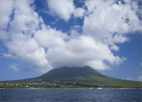 St. Kitts and Nevis, Nevis. View of Nevis Peak from the sea