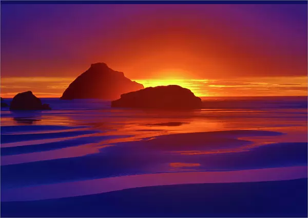 USA, Oregon, Bandon. Beach abstract of Face Rock at sunset