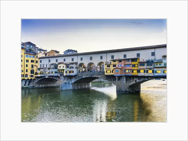 Sunset Arno River, Ponte Vecchio, Florence, Tuscany, Italy. Bridge originally built in Roman times