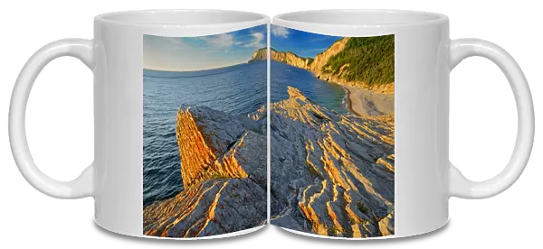 Canada, Quebec, Forillon National Park. Limestone along Atlantic shoreline at sunrise