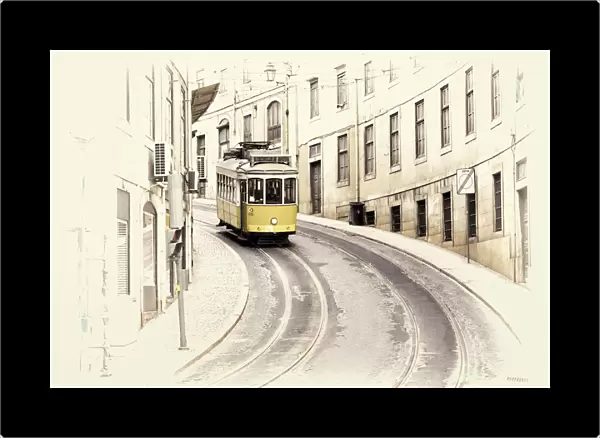 Portugal, Lisbon. View of yellow tramway