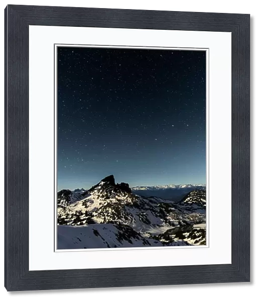 Canada, British Columbia, Garibaldi Provincial Park. Black tusk under moonlight and a starry sky