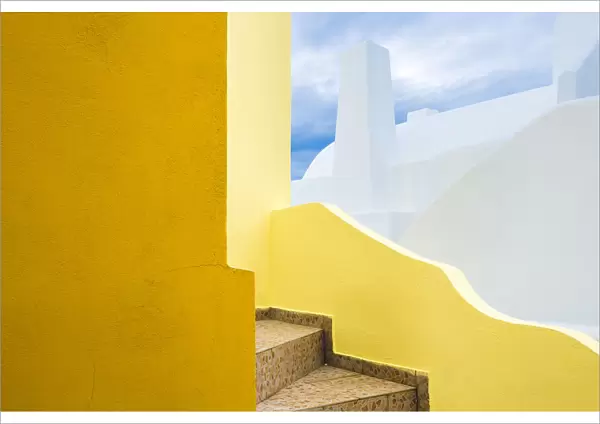 Europe, Greece, Santorini. Stairs and building shapes