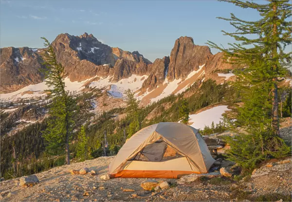Backpacking tent at daybreak on ridge above Cutthroat Pass, near Pacific Crest trail