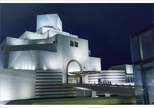 State of Qatar, Doha. Museum of Islamic Art, built 2008. Exterior at night