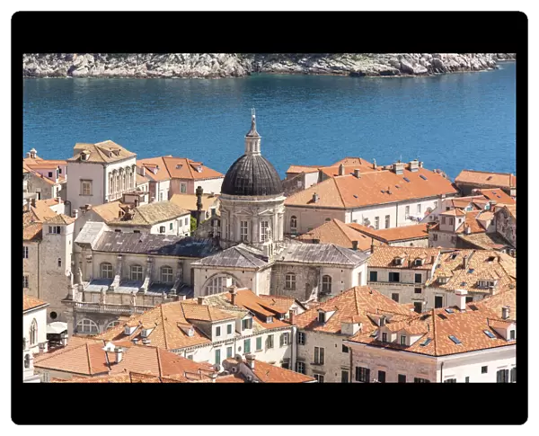 Croatia, Dubrovnik. Old City Cathedral, red tile roofs and Adriatic