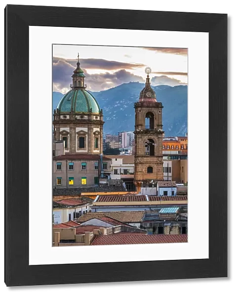 Italy, Sicily, Palermo Province, Palermo. The dome and bell tower of the baroque Chiesa