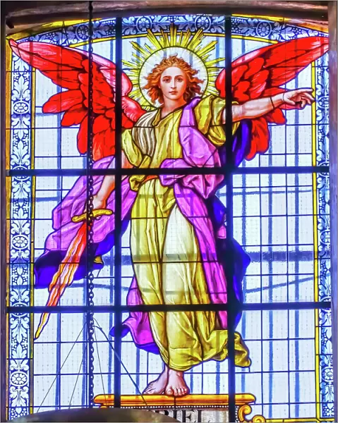 Colorful Archangel Uriel Stained glass Cathedral Puebla, Mexico