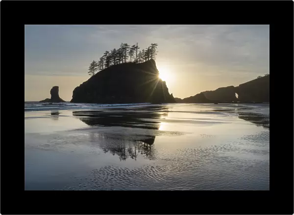 Sunset at Second Beach during low tide, Olympic National Park, Washington State