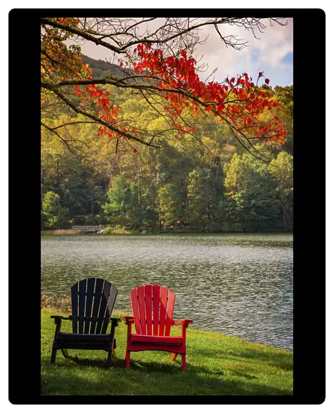 Colorful chairs on the banks of the lake, Peaks Of Otter, Blue Ridge Parkway, Smoky Mountains, USA