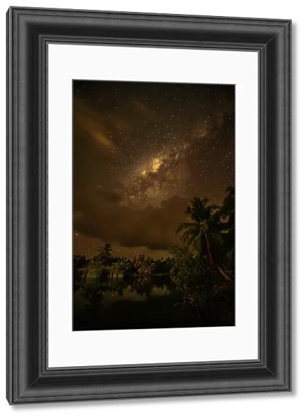 French Polynesia, Taha'a. Palm trees and night sky with Milky Way