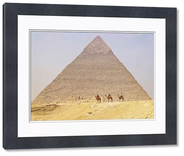 Giza, Cairo, Egypt. Men on camels at the Great Pyramid complex. (Editorial Use Only)