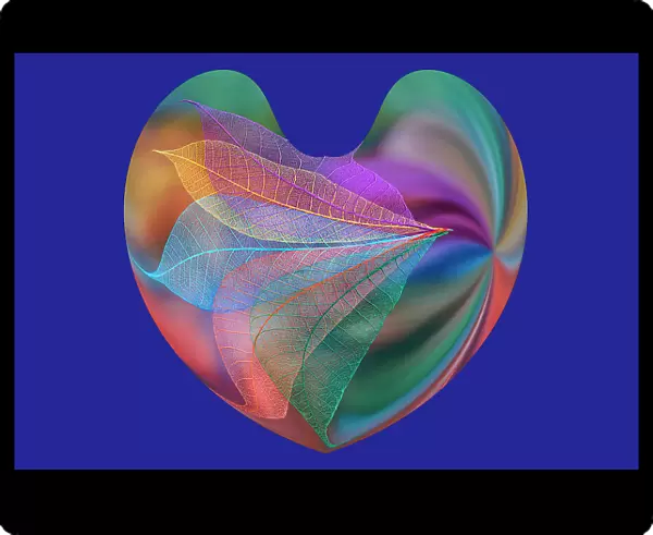Multi-colored skeleton leaves arranged in heart-shape on blue background