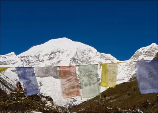 Prayer flags and Mount Jhomolhari, Bhutan
