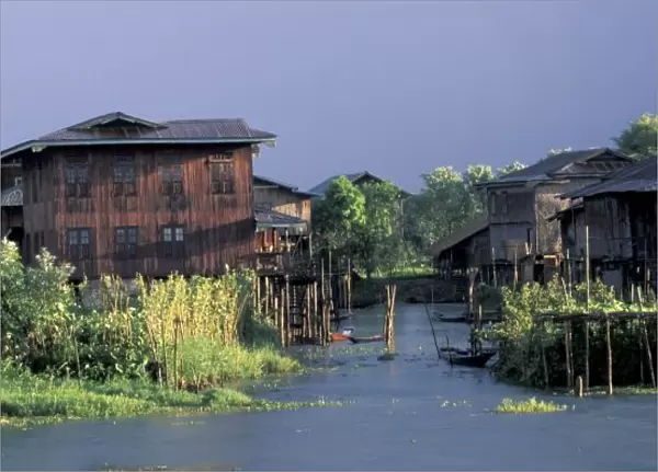 Asia, Myanmar, Inle Lake. A floating village on water