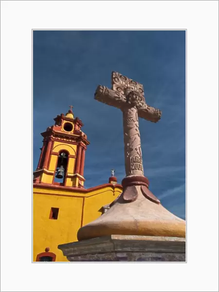 Mexico, Bernal. View of Iglesia de San Sebastian Church and cross. Credit as: Nancy