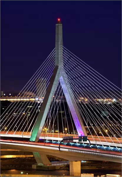 USA, Massachusetts, Boston. Leonard Zakim Bridge, Rt. 93, dusk