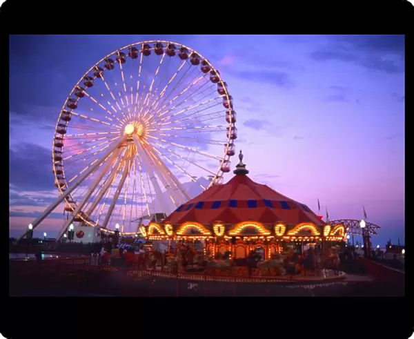 A ferris wheel and carousel at the Navy Pier in Chicago, Illinois