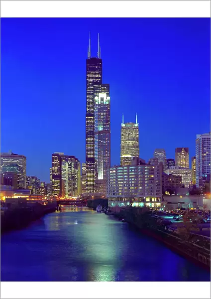 Chicago, Illinois, Skyline at night with Chicago River and Sears Tower