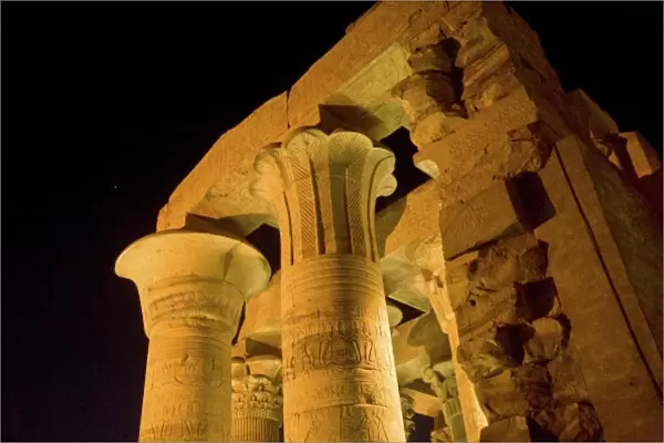 Egypt, Kom Ombo. Illuminated ruins and columns of 2nd Century BC Kom Ombo Temple