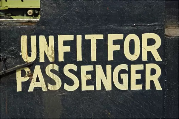 Unfit for passengers sign on train parked at train station, Udaipur, India