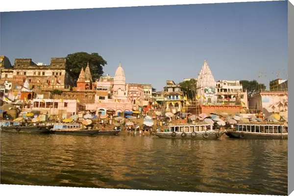 Varanasi, India. Daily life along the streets of Varanasi as viewed from a boat